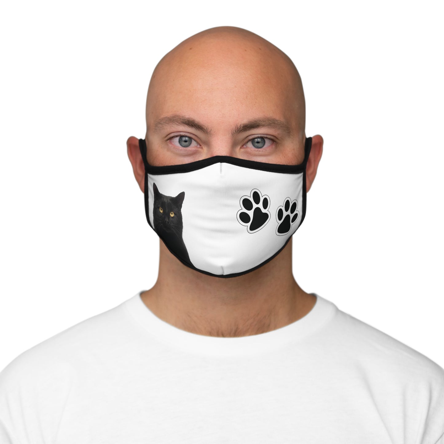 Black cat and paw prints Fitted Polyester Face Mask