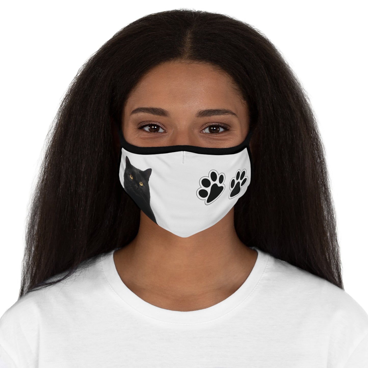 Black cat and paw prints Fitted Polyester Face Mask